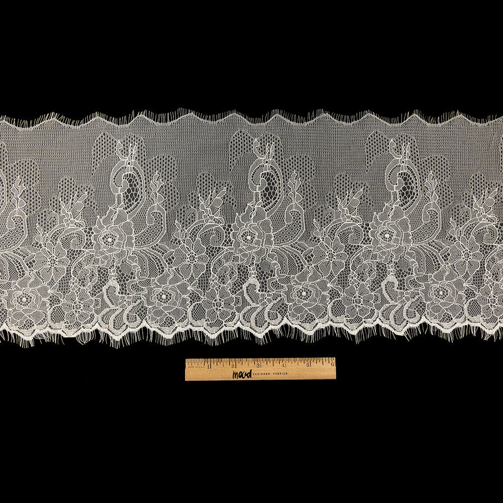 Blanc de Blanc Floral Chantilly Lace Trim with Eyelash Fringe - 10" x 3yd