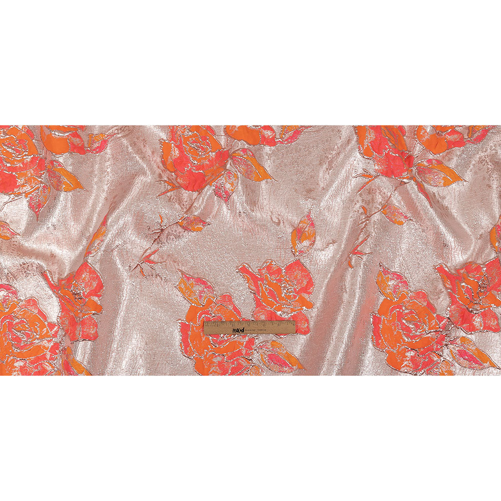 Neon Pink, Neon Orange and Metallic Silver Roses Luxury Brocade