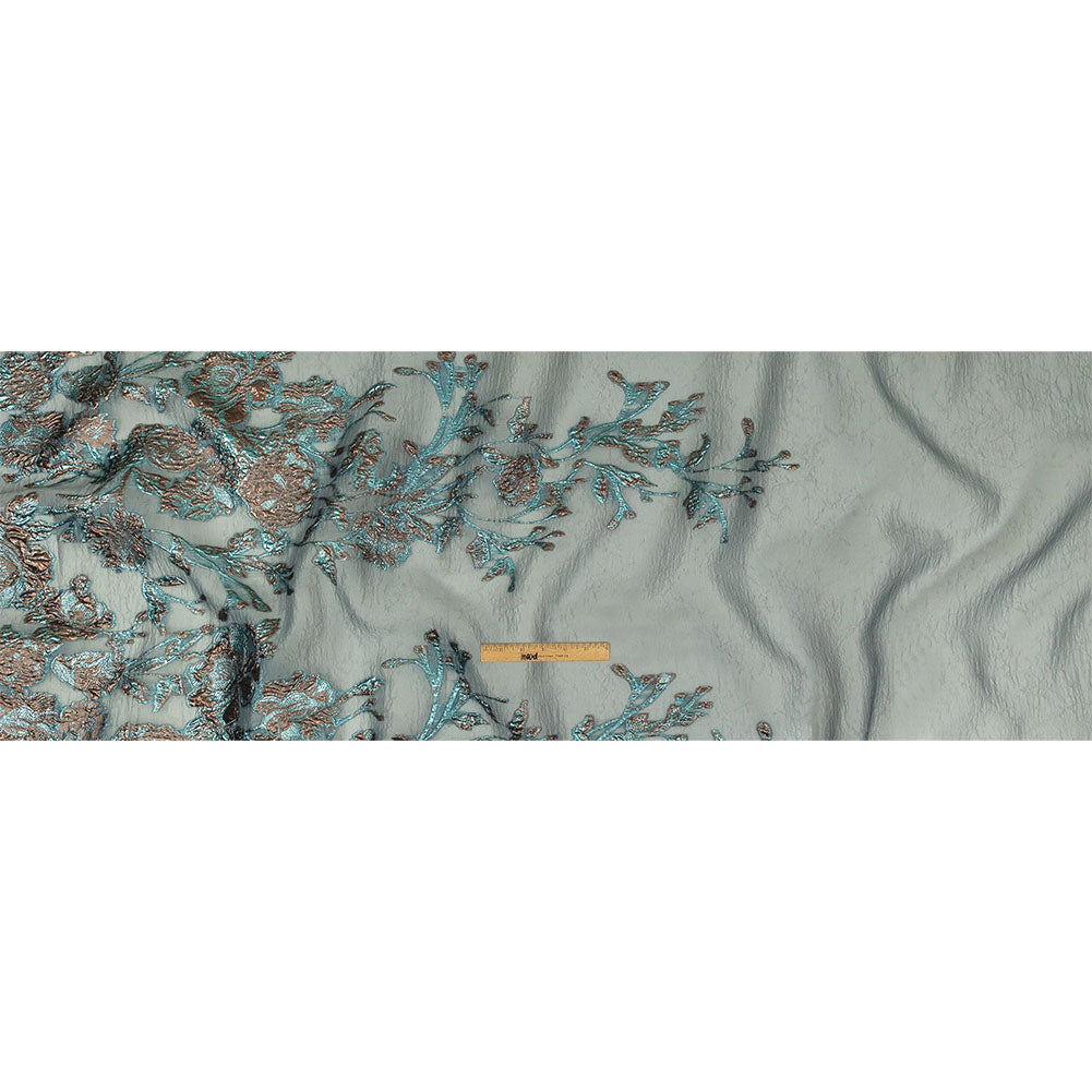 Metallic Copper and Blue Floral Luxury Burnout Brocade