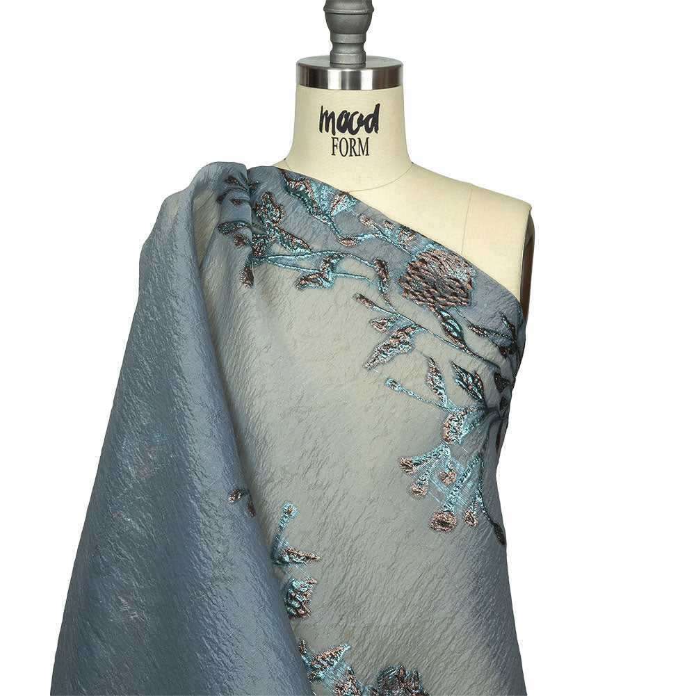 Metallic Copper and Blue Floral Luxury Burnout Brocade