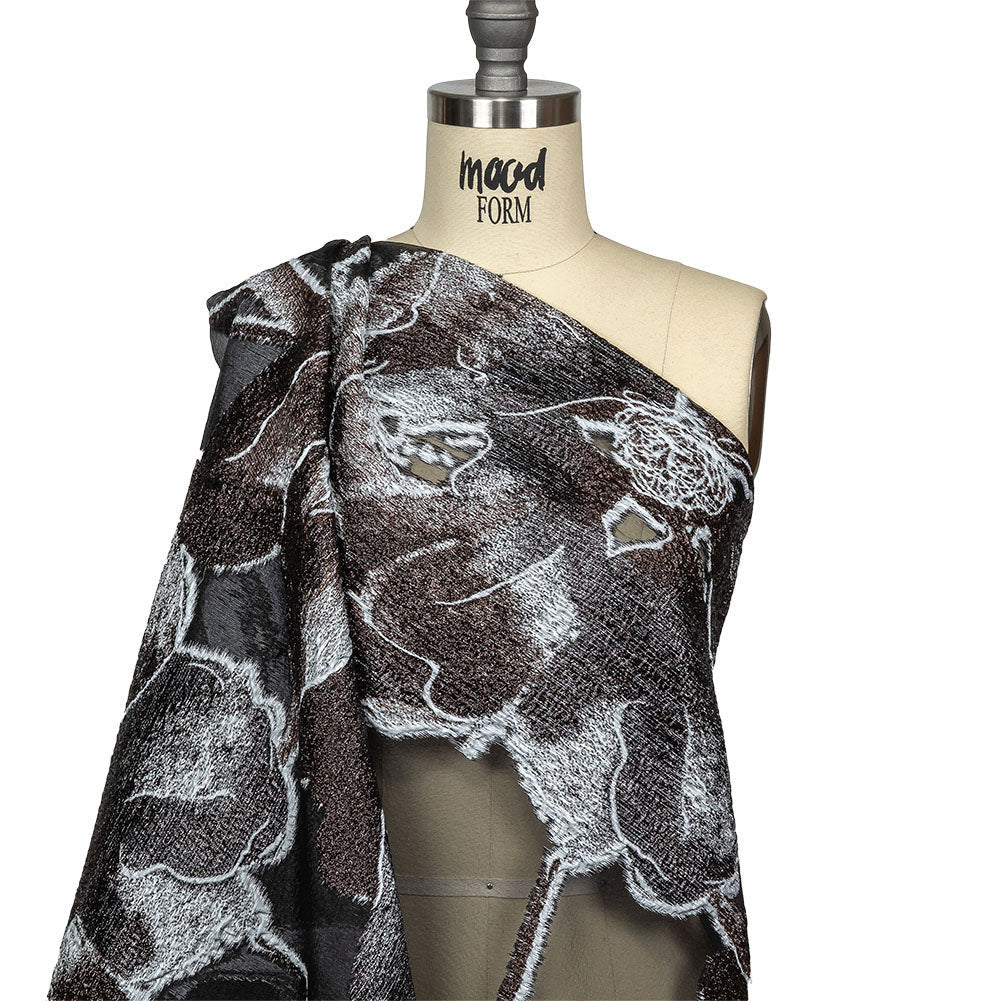 Metallic Black, White and Brown Oversized Flowers Luxury Burnout Brocade