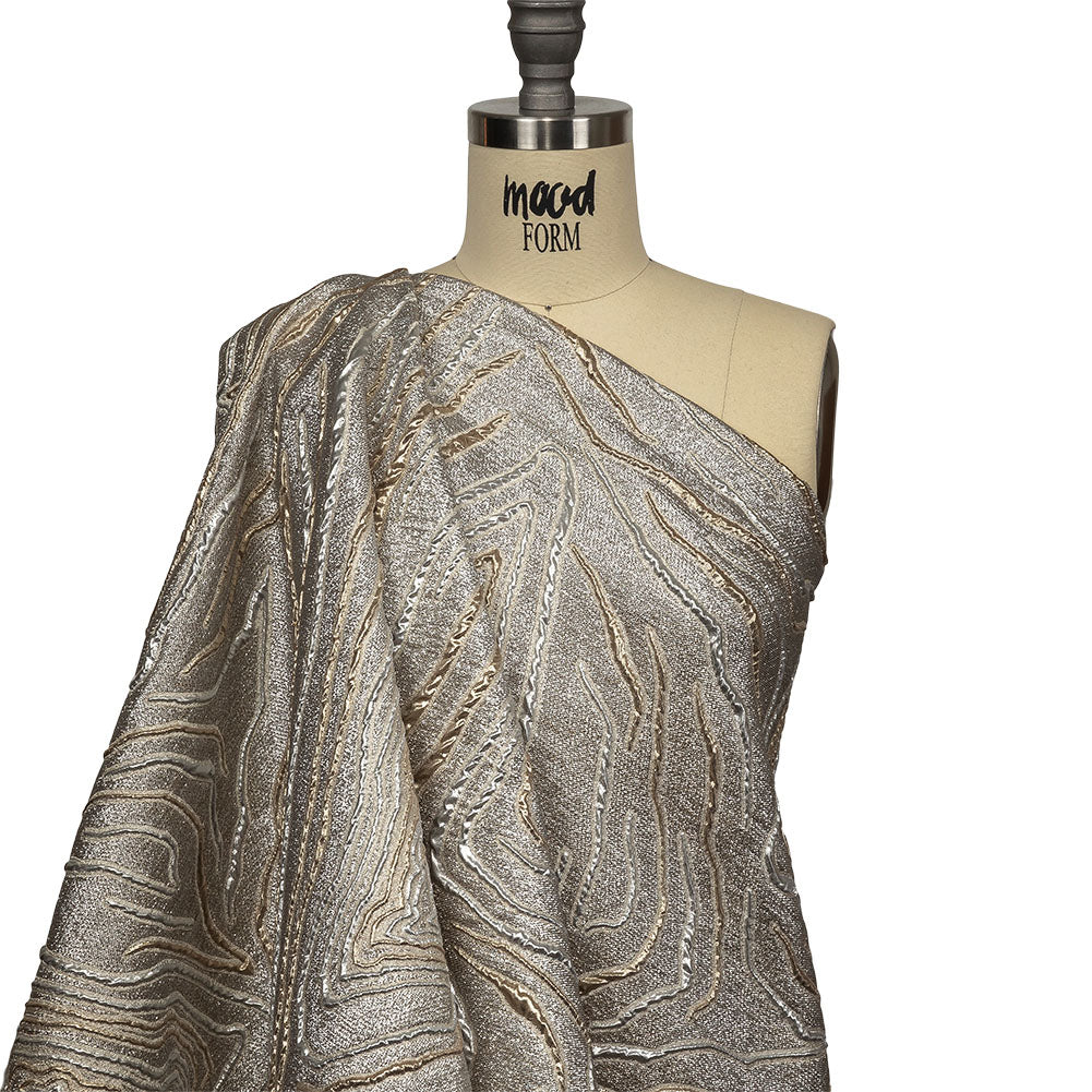 Metallic Silver, Gold and Beige Contour Lines Luxury Brocade