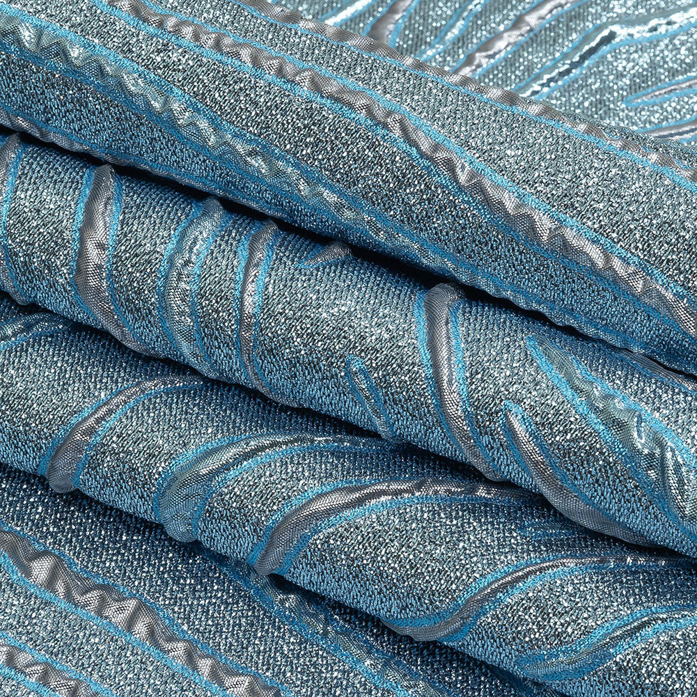 Metallic Silver and Sky Blue Contour Lines Luxury Brocade