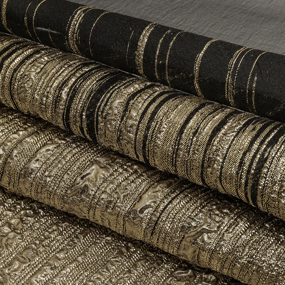 Metallic Gold and Black Lines Luxury Organza Brocade