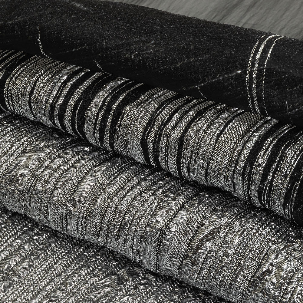 Metallic Silver and Black Lines Luxury Organza Brocade