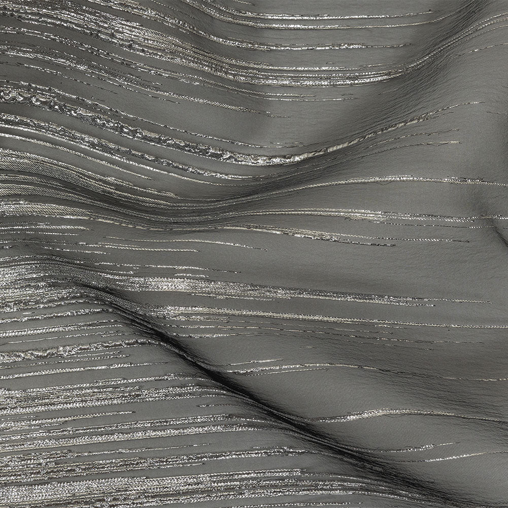 Metallic Silver and Black Lines Luxury Organza Brocade