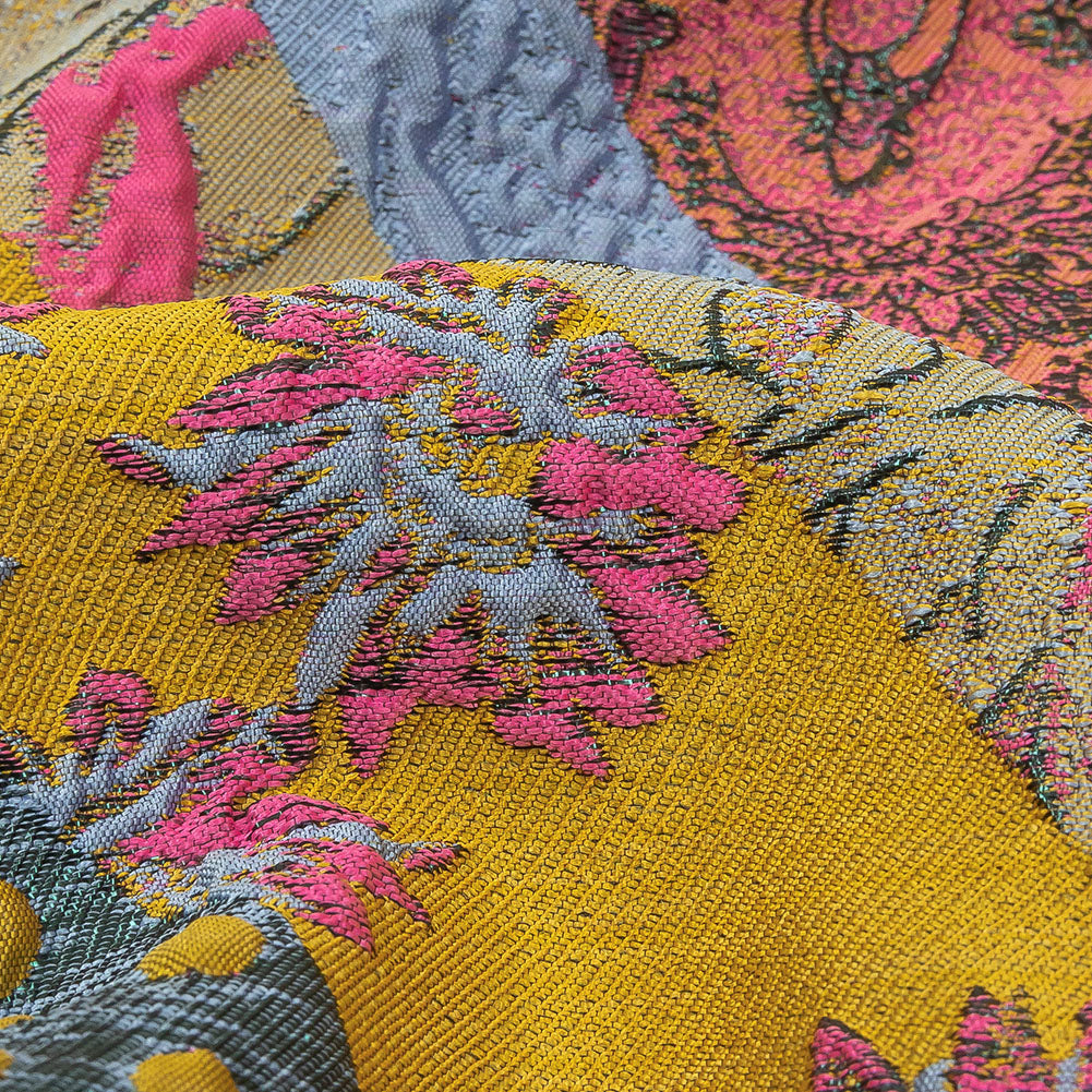 Metallic Pink, Yellow and Sky Patchwork Diagonal Stripes Luxury Brocade