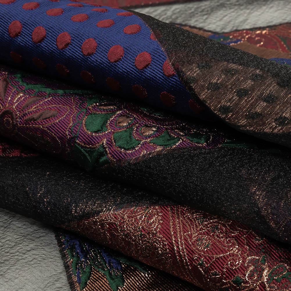 Metallic Royal, Evergreen and Red Patchwork Chevrons Luxury Organza Brocade