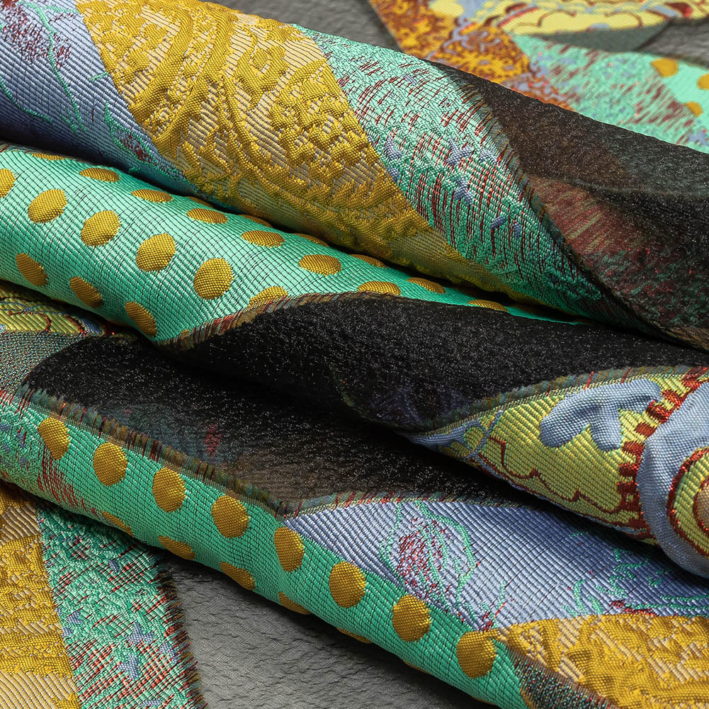 Metallic Seafoam, Mustard, and Ruby Patchwork Chevrons Luxury Organza Brocade