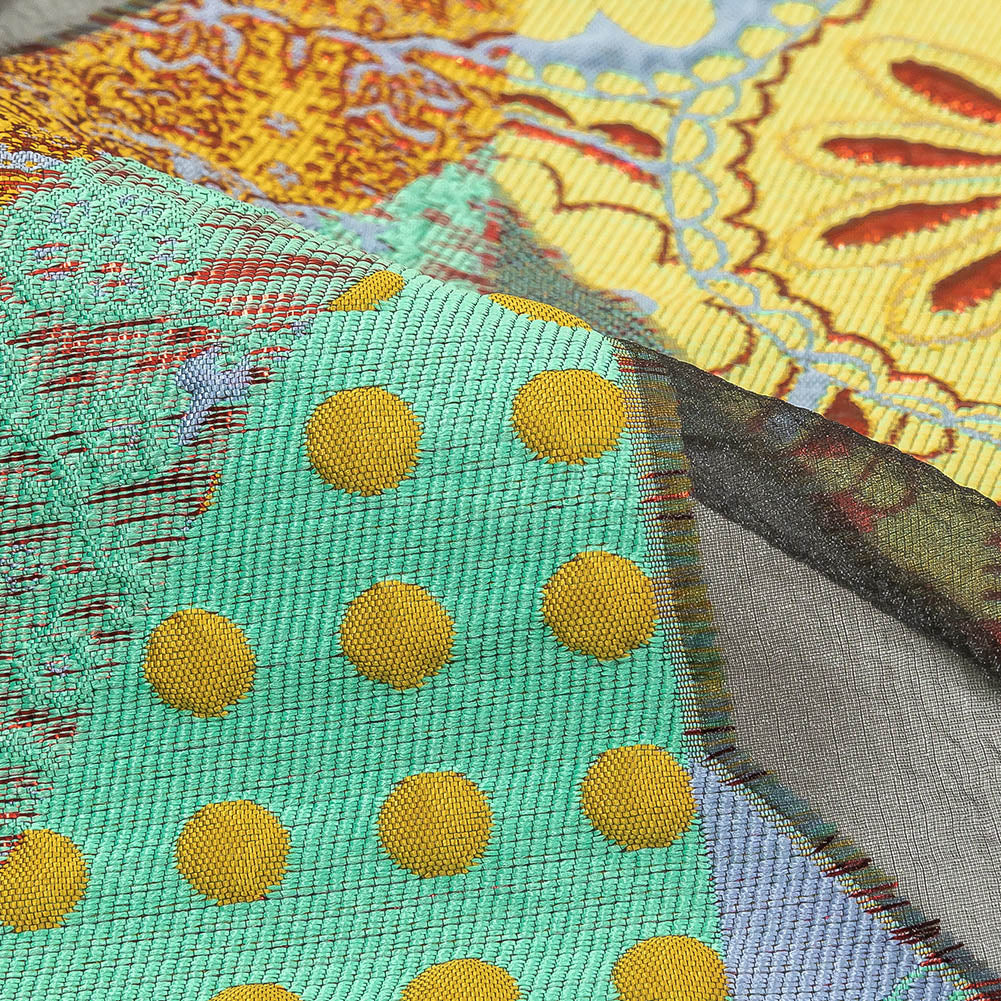 Metallic Seafoam, Mustard, and Ruby Patchwork Chevrons Luxury Organza Brocade