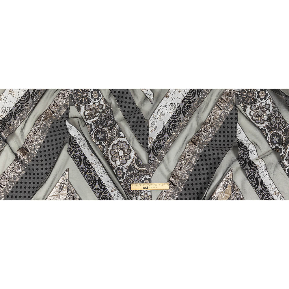 Metallic Silver, Black and Gray Patchwork Chevrons Luxury Organza Brocade