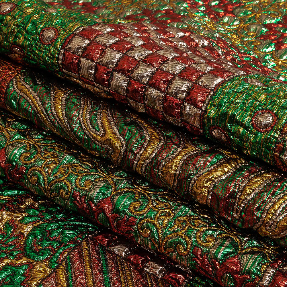 Metallic Red, Green and Yellow Gold Ornate Patchwork Luxury Brocade