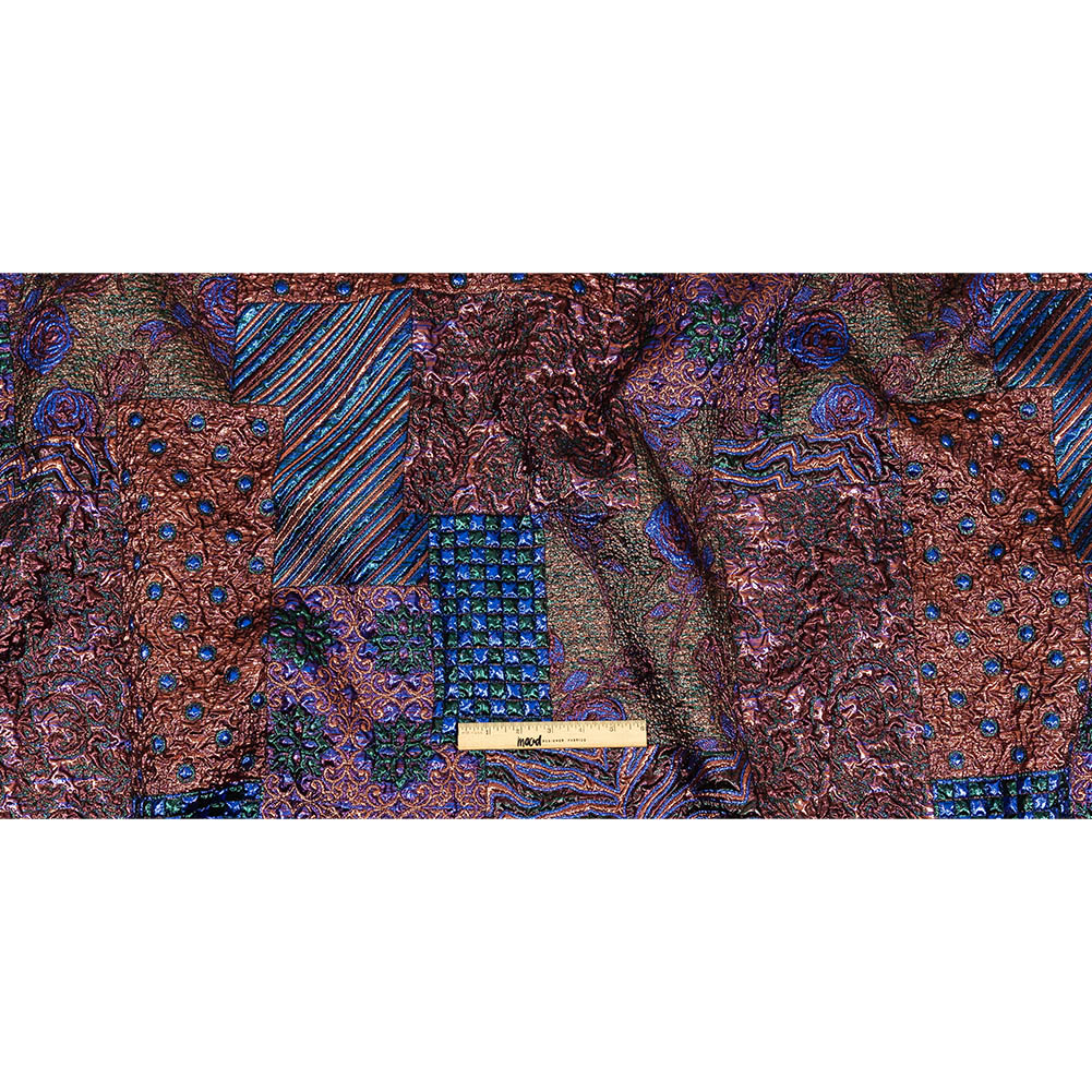 Metallic Rose Gold, Forest and Royal Blue Ornate Patchwork Luxury Brocade