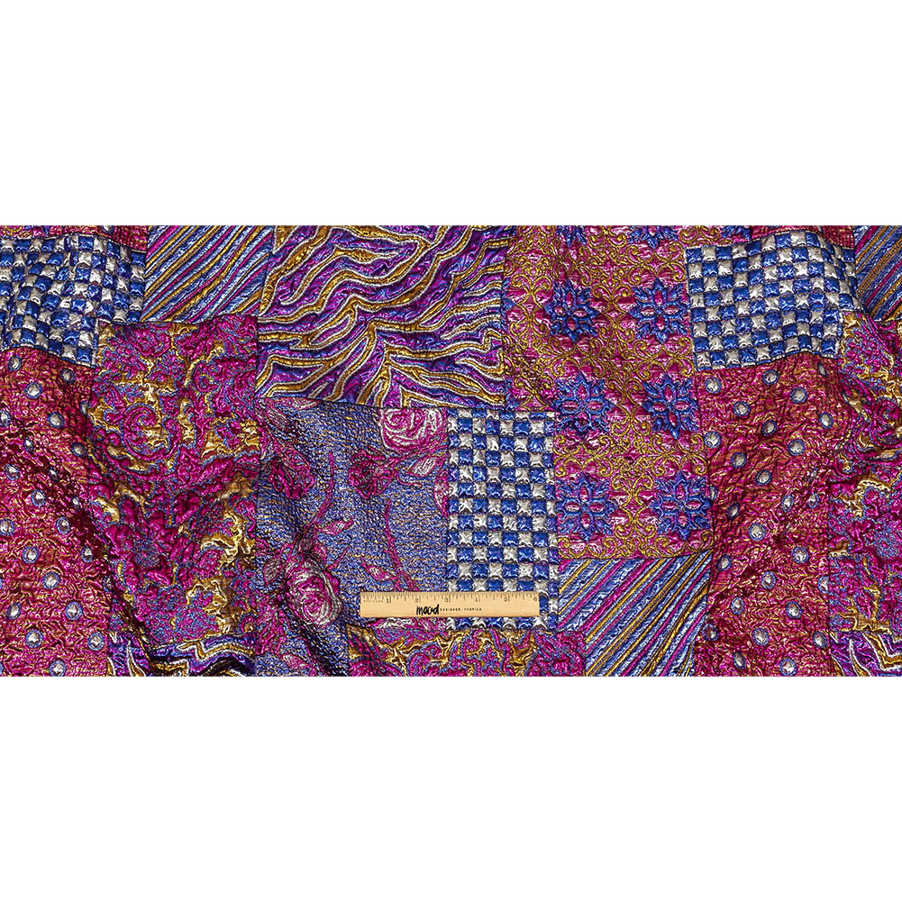 Metallic Blue, Pink and Yellow Gold Ornate Patchwork Luxury Brocade