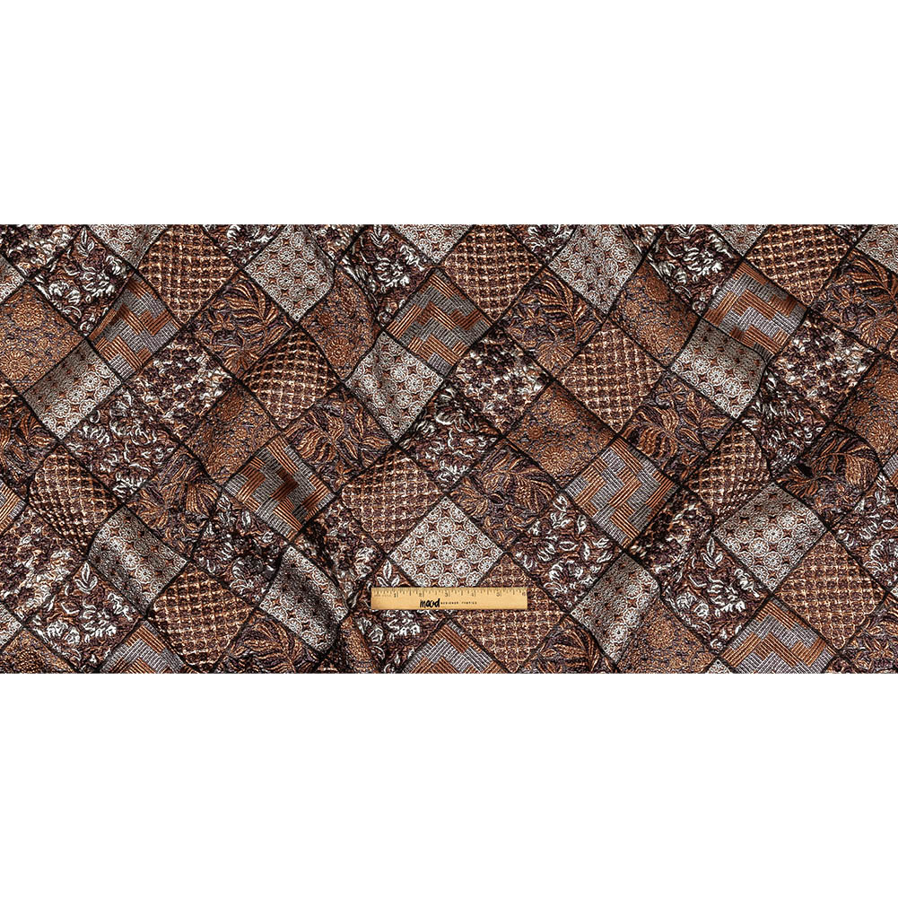 Metallic Silver, Copper and Maroon Patchwork Squares Luxury Brocade