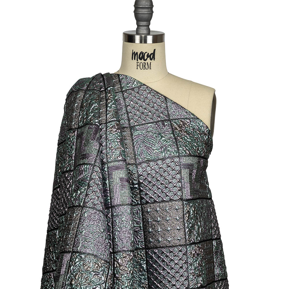 Metallic Baby Blue, Rose Gold and Lilac Patchwork Squares Luxury Brocade