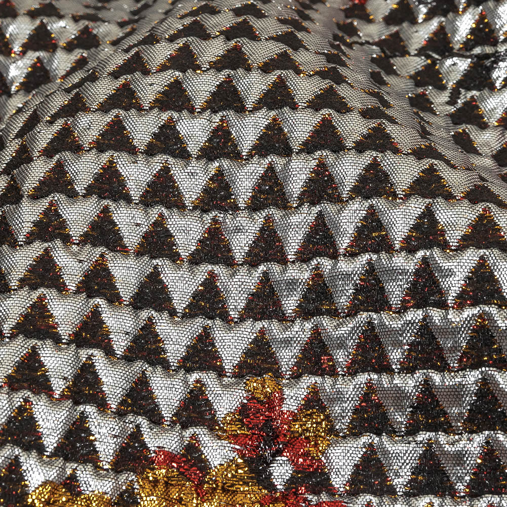 Metallic Silver, Red and Orange Floral Triangles Quilted Look Luxury Brocade