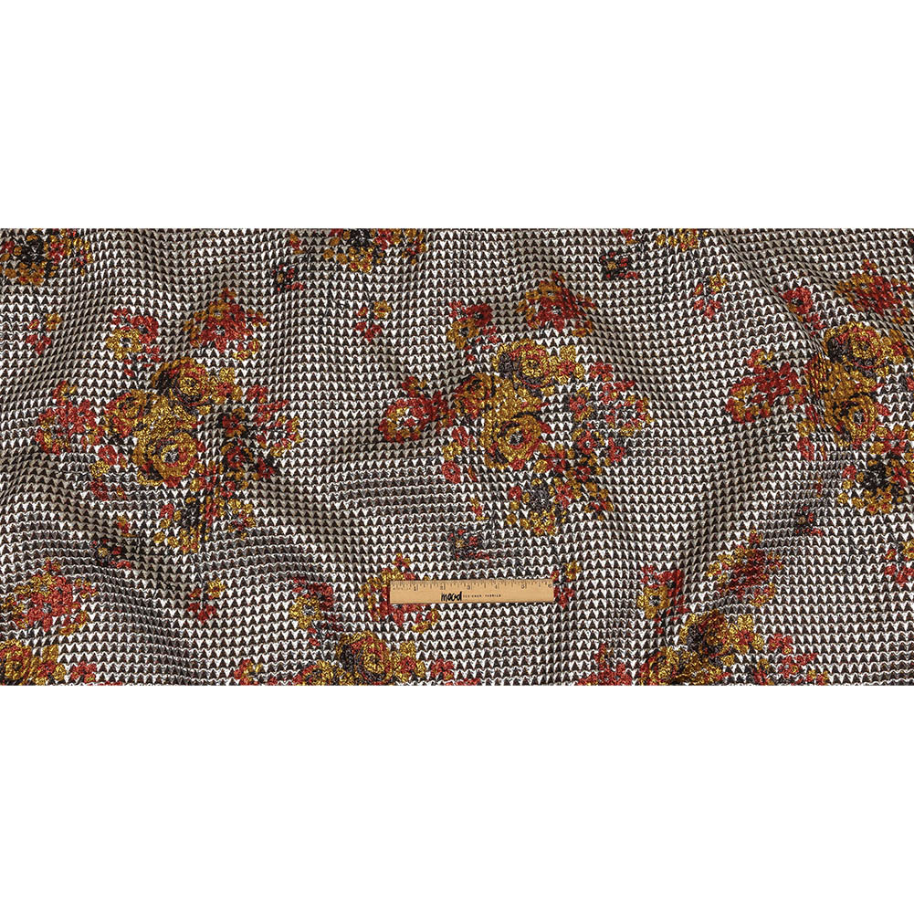 Metallic Silver, Red and Orange Floral Triangles Quilted Look Luxury Brocade