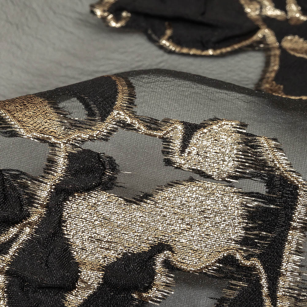 Metallic Gold and Black Roses Luxury Organza Burnout Brocade