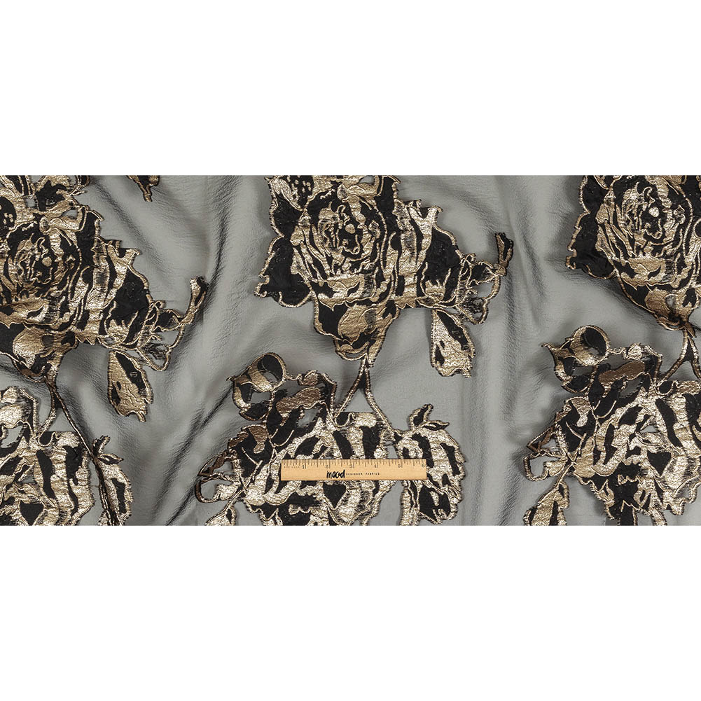 Metallic Gold and Black Roses Luxury Organza Burnout Brocade