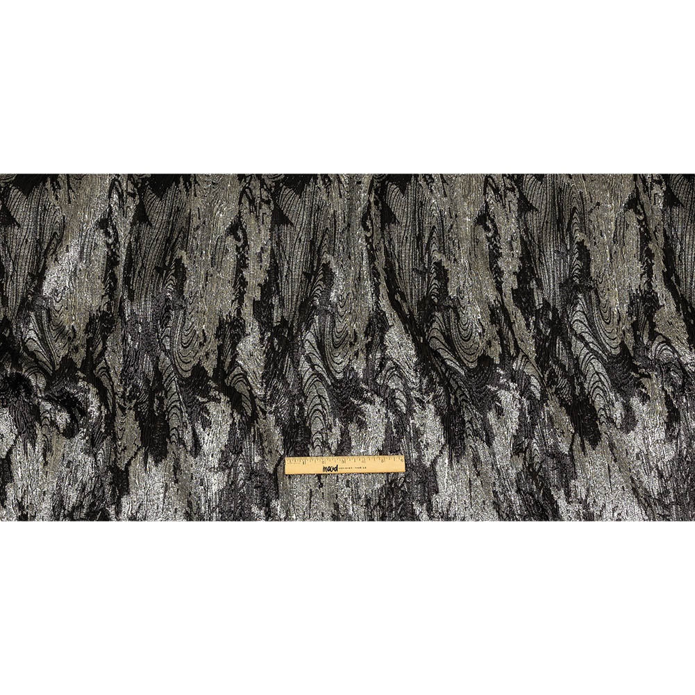 Metallic Silver and Black Wood Grain Luxury Plisse Brocade