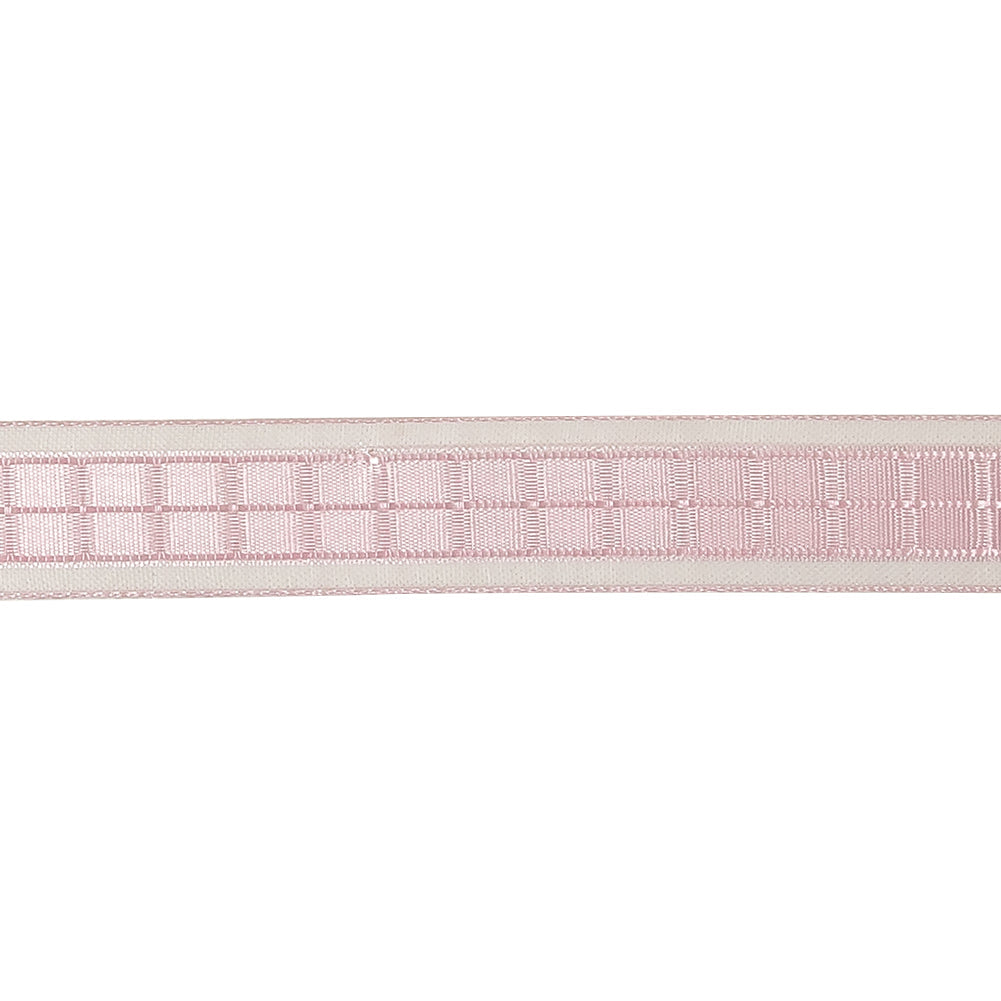 Pale Pink Windowpane Checks and Sheer Borders Woven Ribbon - 0.625"