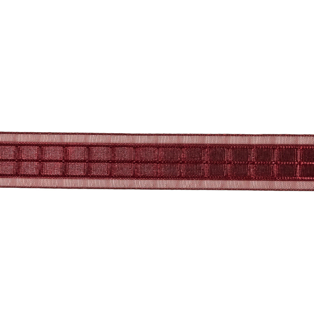 Wine Red Windowpane Checks and Sheer Borders Woven Ribbon - 0.625"