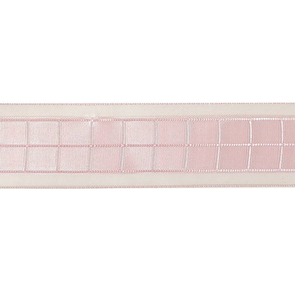 Pale Pink Windowpane Checks and Sheer Borders Woven Ribbon - 1"