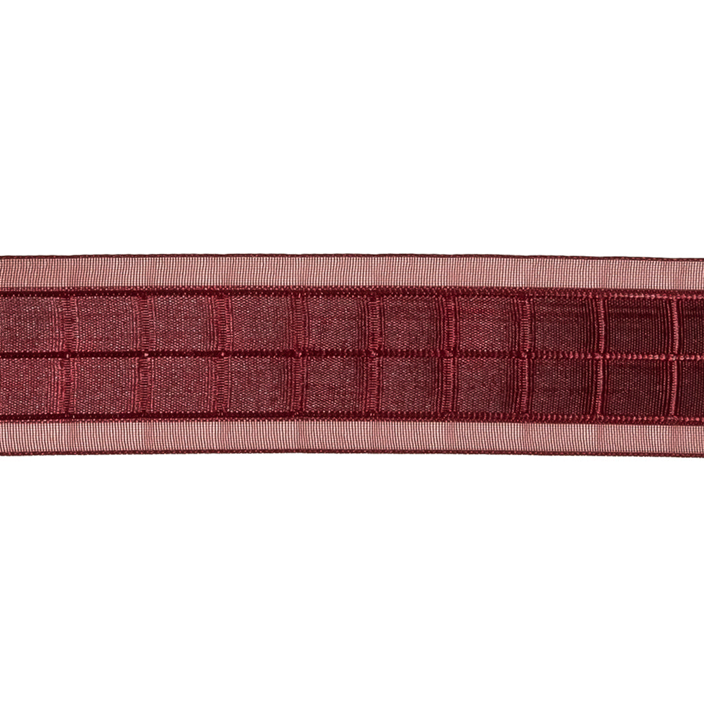 Wine Red Windowpane Checks and Sheer Borders Woven Ribbon - 1"