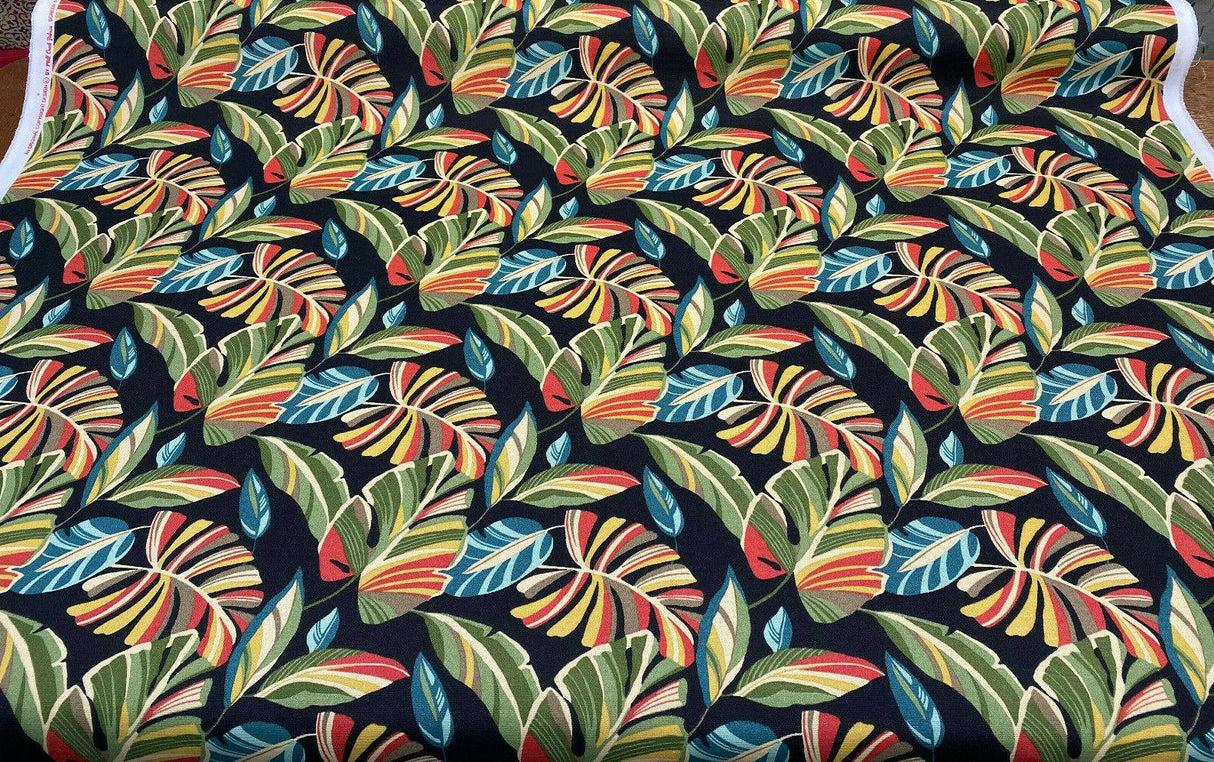 Wind Blown Leaves Outdoor Polyester Fabric - Black Green Leaf Print, 54" Width (1 Yard)