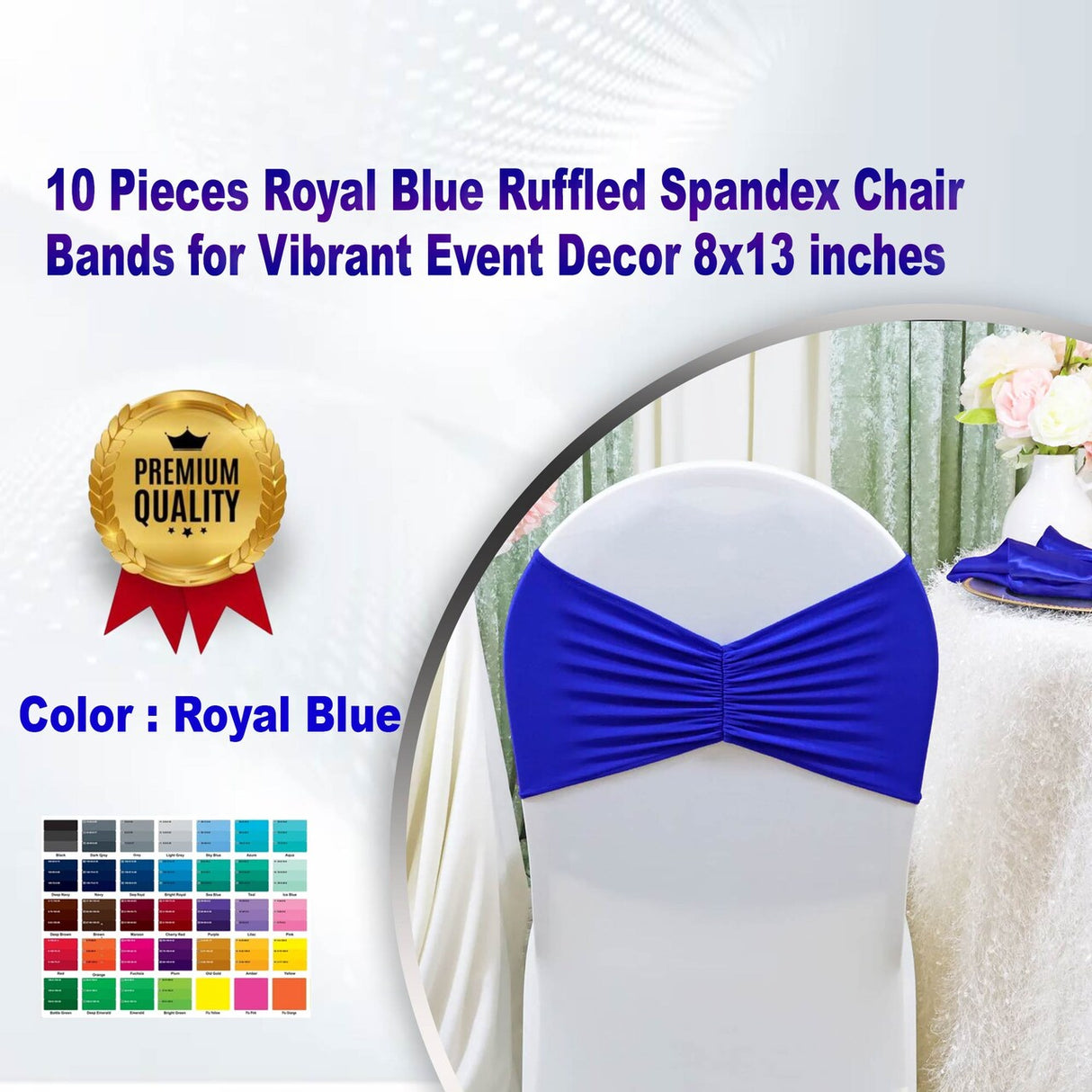 10 Pieces Royal Blue Ruffled Spandex Chair Bands for Vibrant Event Decor 8x13 inches