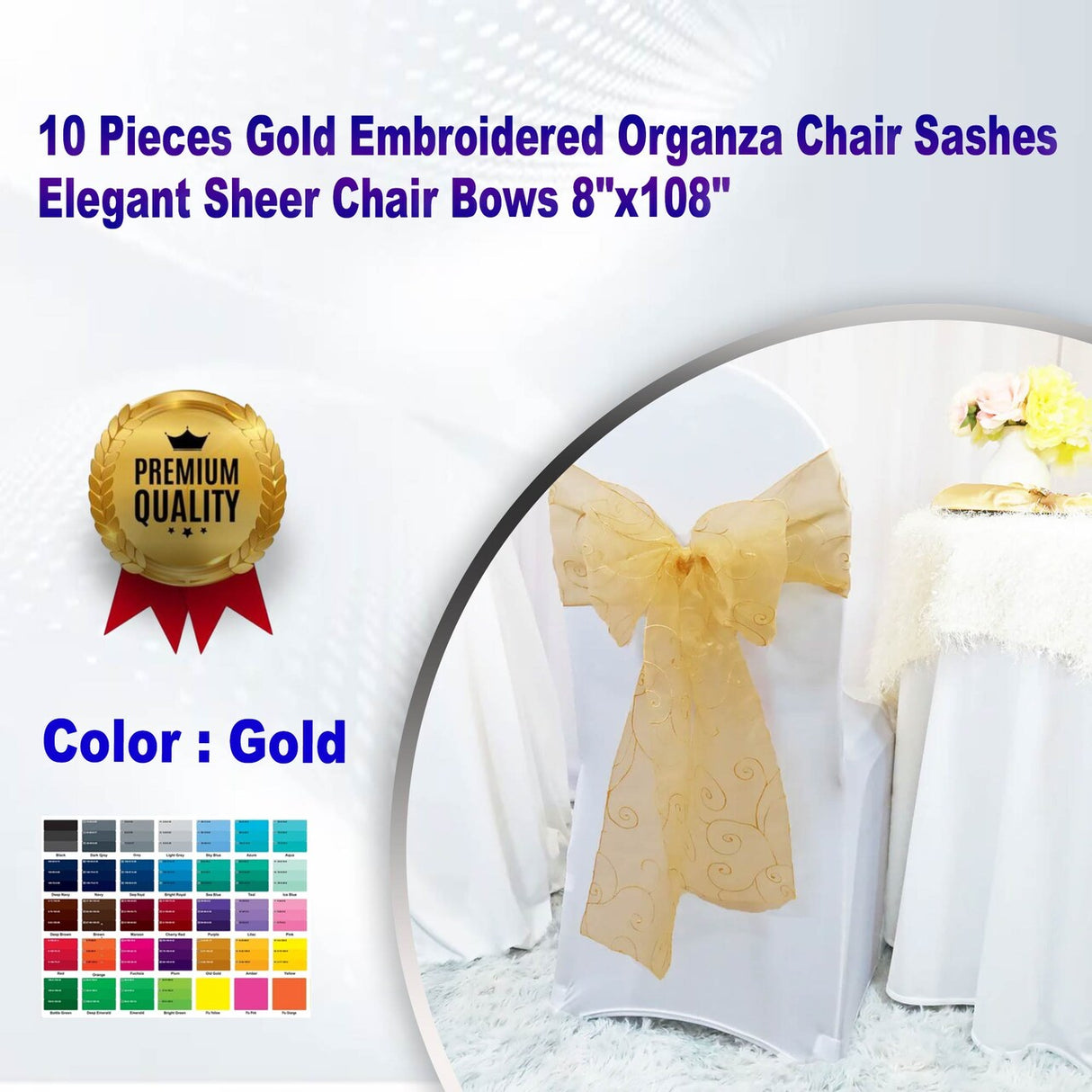 10 Pieces Gold Embroidered Organza Chair Sashes Elegant Sheer Chair Bows 8"x108"
