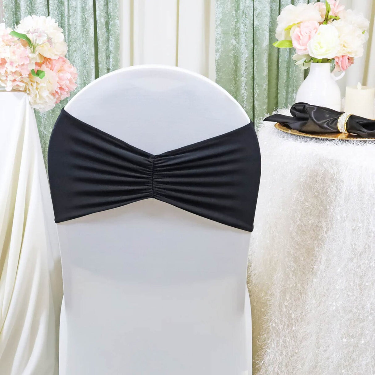 10 Pieces Black Ruffled Spandex Chair Bands for Classic Event Elegance 8x13 inches