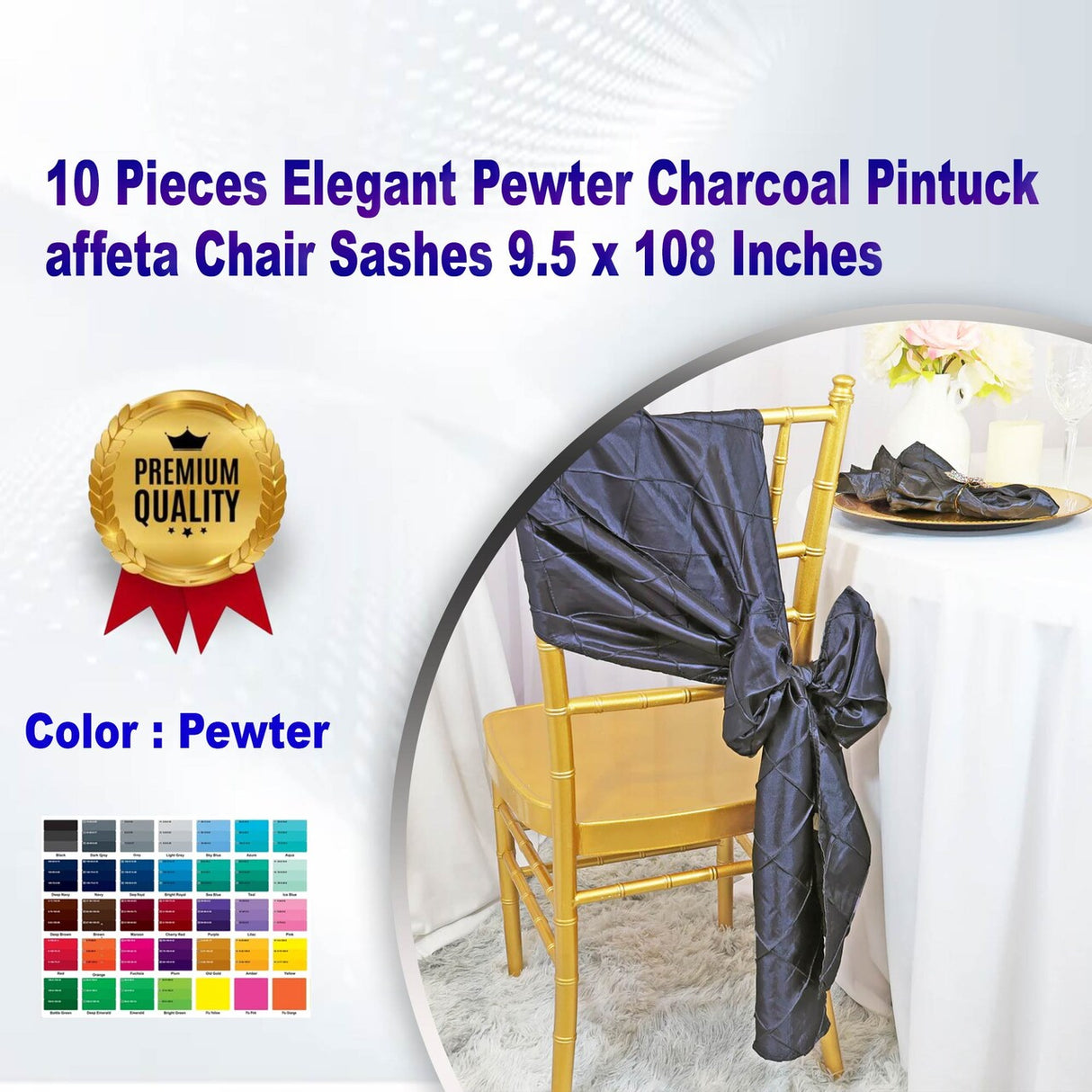 10 Pieces Elegant Pewter Charcoal Pintuck Taffeta Chair Sashes 9.5 x 108 Inches