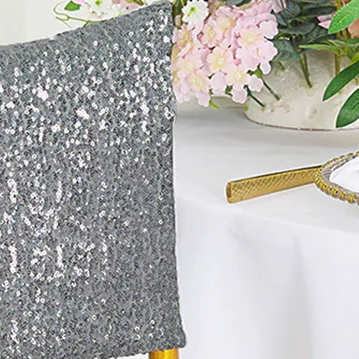 1 Piece Silver Sequin Spandex Chair Cap 13.5 inch by 10 inch Banquet Cover