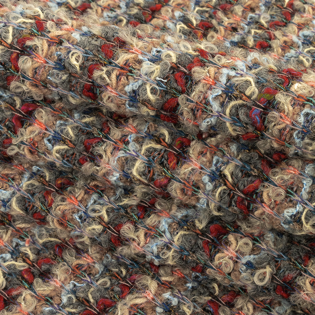 Red, Coral and Gray Striped Boucle Wool Knit with Clear Baby Sequins