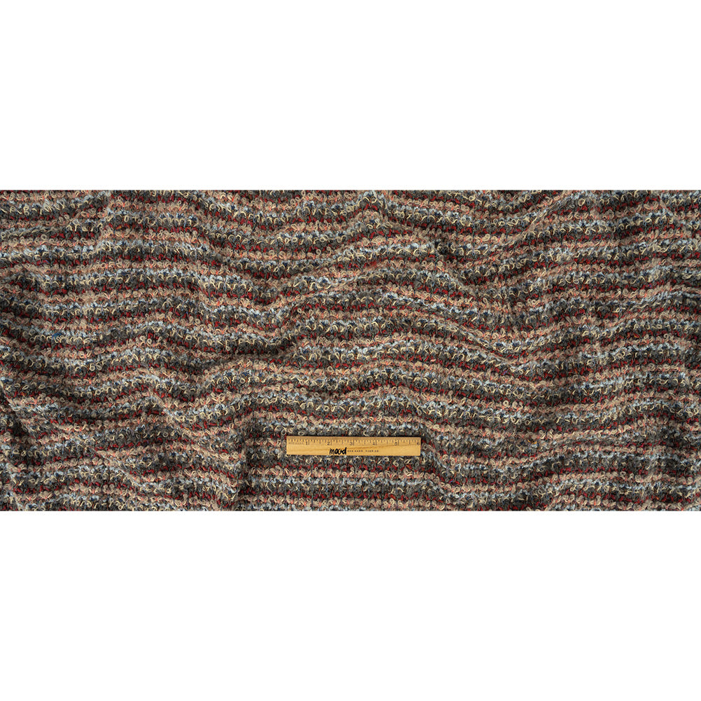 Red, Coral and Gray Striped Boucle Wool Knit with Clear Baby Sequins
