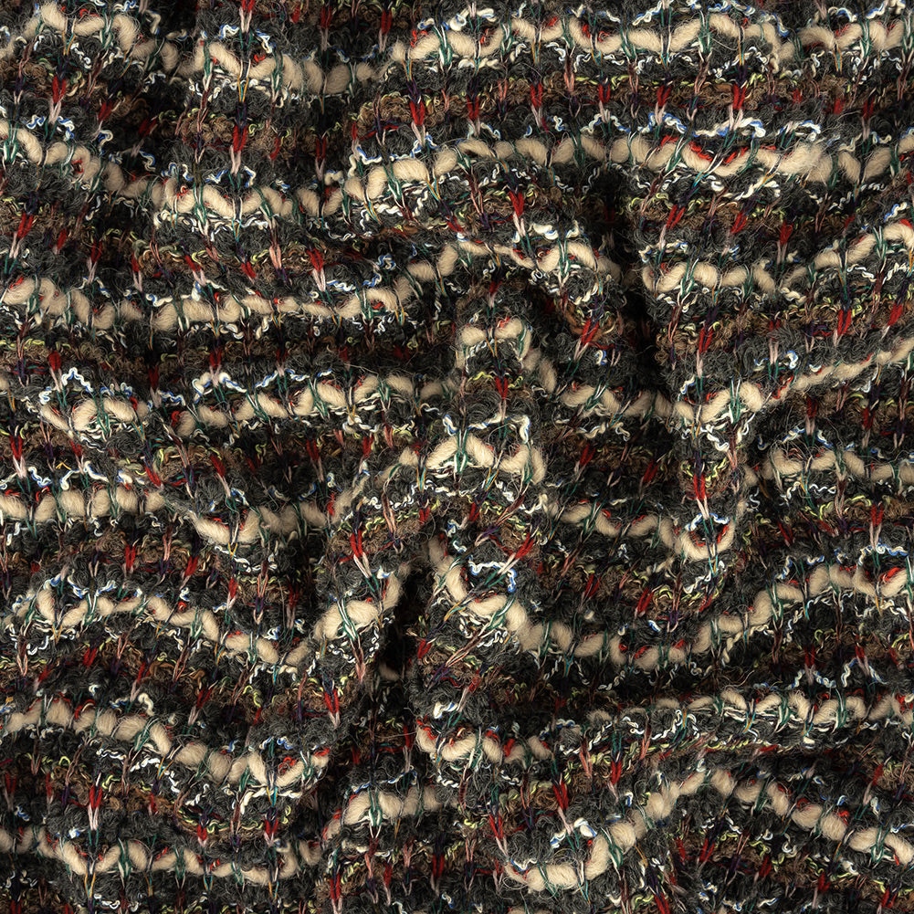 Mushroom, Phantom and Red Textural Stripes Chunky Wool Knit