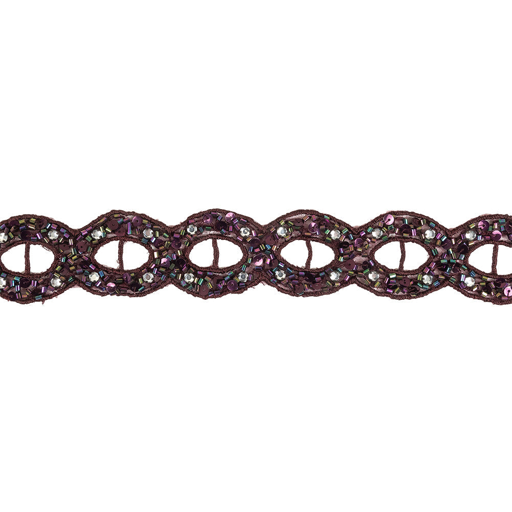 Blackberry Wine and Iridescent Rhinestones, Beads and Sequins Circles Embroidered Mesh Trim - 1.5"