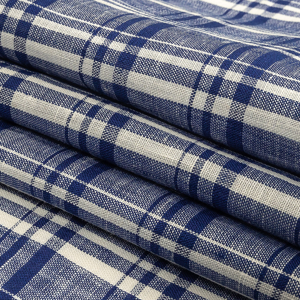 Navy Peony and White Plaid Medium Weight Linen Woven