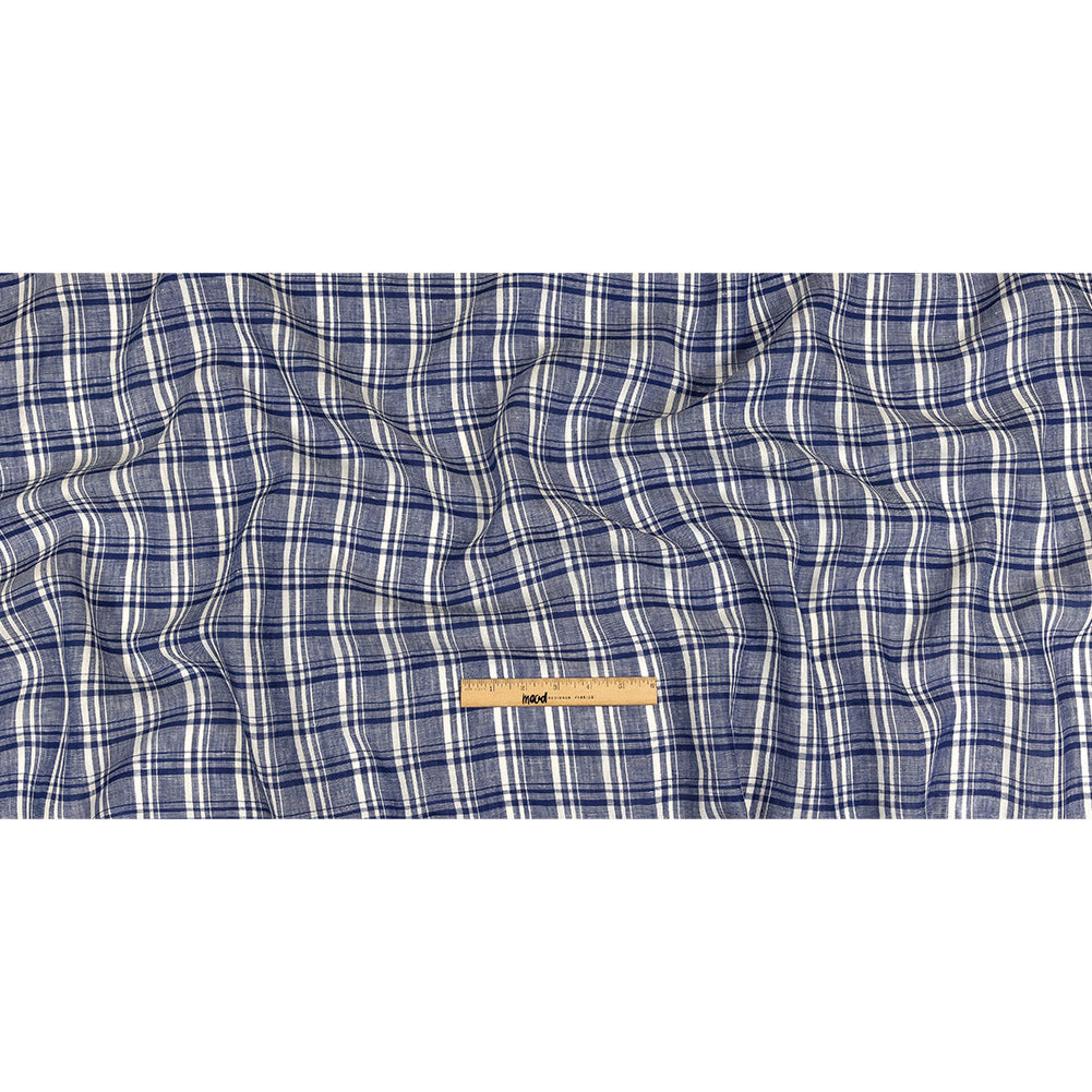 Navy Peony and White Plaid Medium Weight Linen Woven