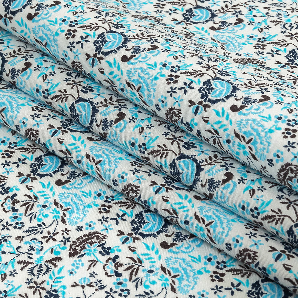 Turquoise, Blue Indigo and Umber Floral Cotton Sateen