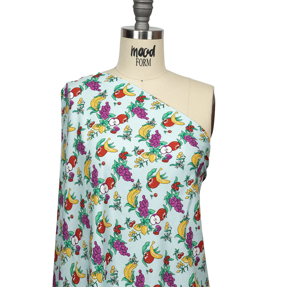Pale Blue, Green and Yellow Fruit Viscose Batiste