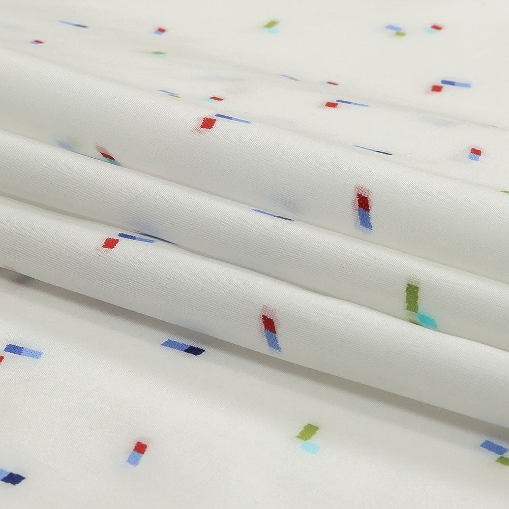 White, Blue and Lime Tossed Rectangles Cotton Jacquard Shirting