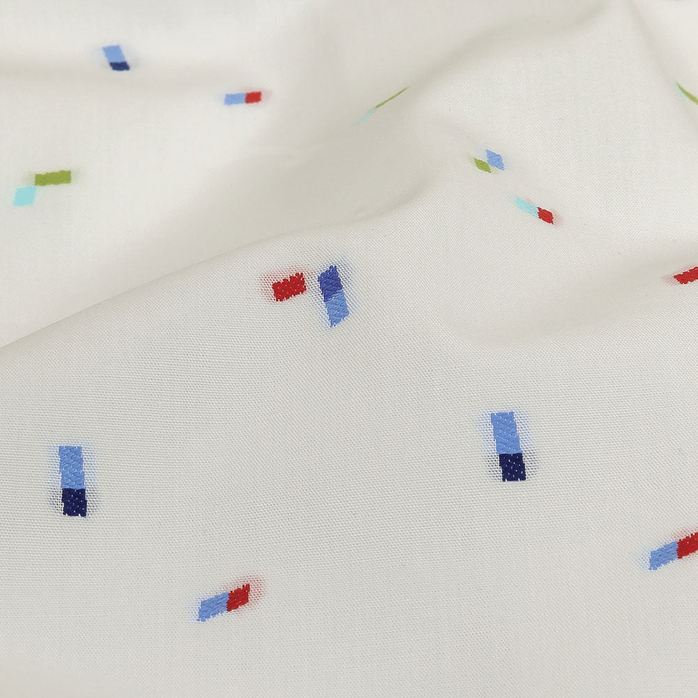 White, Blue and Lime Tossed Rectangles Cotton Jacquard Shirting