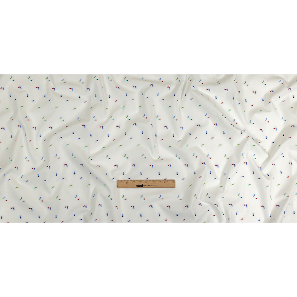 White, Blue and Lime Tossed Rectangles Cotton Jacquard Shirting