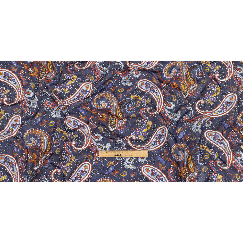 Gauzy Cotton Voile - Navy, Pompeian Red and Goldenrod Paisley - Deadstock