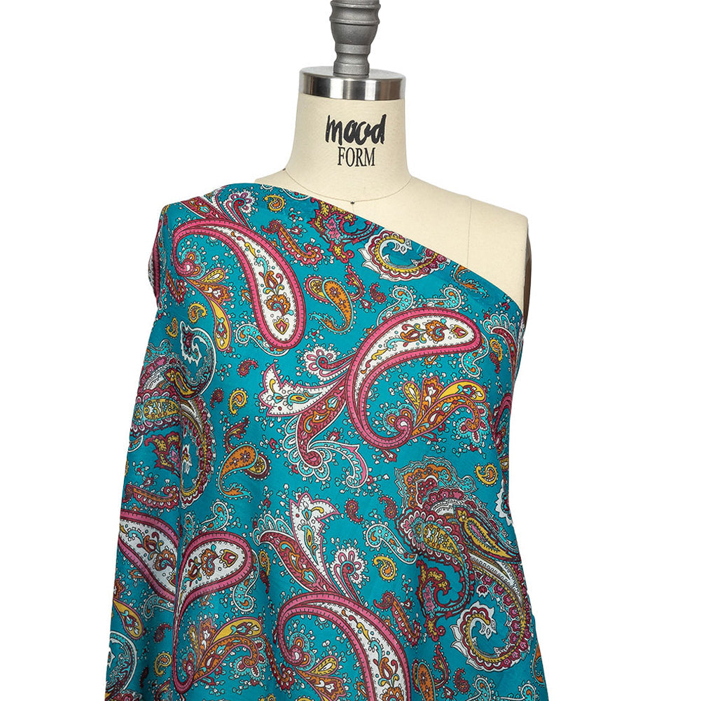 Gauzy Cotton Voile - Turquoise, Pink and White Paisley - Deadstock