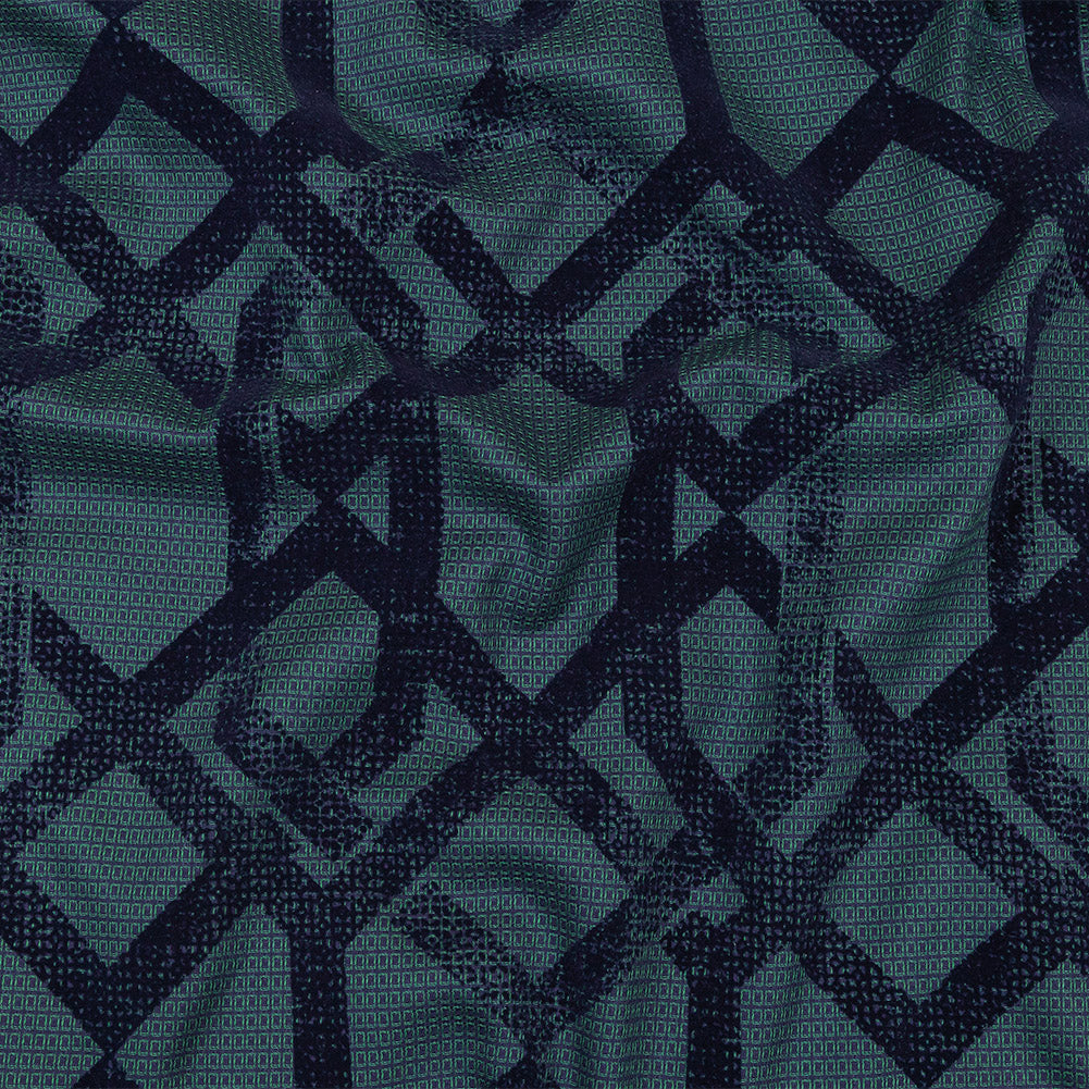 Navy Distressed Geometric Flocking on Hunter Green and Peacoat Rectangles Cotton Dobby