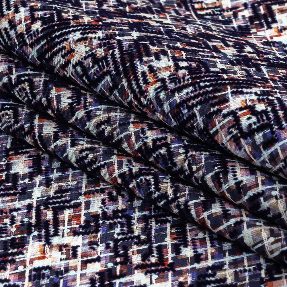 Evening Blue Geometric Flocking on Crushed Berry, Steel and White Abstract Printed Cotton Shirting
